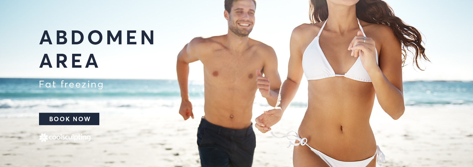 A banner image of male and female showing there abdomen area in there swimwear running on the beach for CoolSculpting treatment